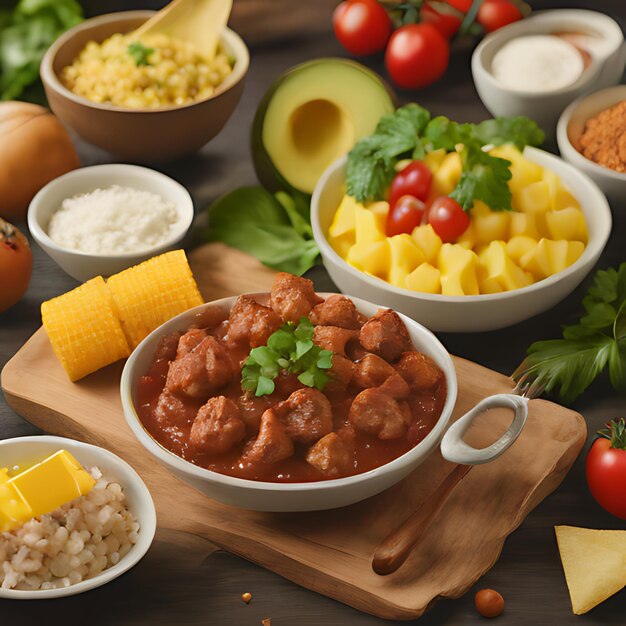 Photo un bol de nourriture avec des légumes de riz et du riz sur une table