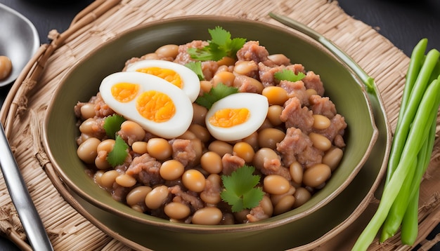un bol de nourriture avec des œufs et des haricots
