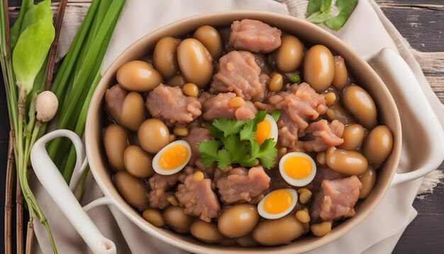 un bol de nourriture avec des œufs, de la viande et du persil
