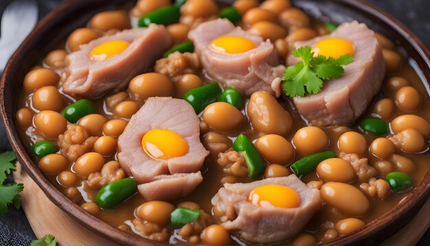 Photo un bol de nourriture avec des œufs, de la viande et des légumes