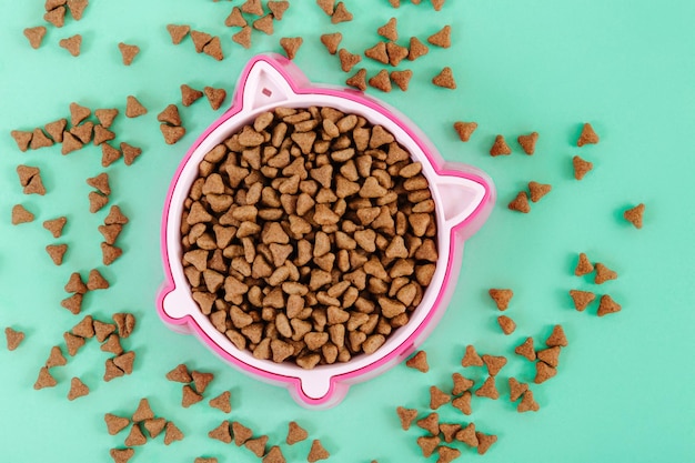 Photo le bol de nourriture pour animaux de compagnie rose sur le fond de couleur vue de dessus vue rapprochée