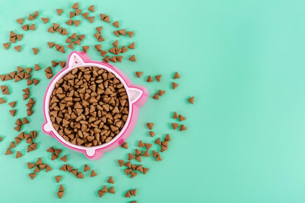 Le bol de nourriture rose pour animaux de compagnie sur le fond de couleur Espace pour le texte ou la conception Vue de dessus