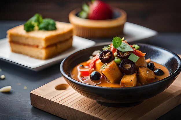 un bol de nourriture avec une salade de fruits sur une planche de bois