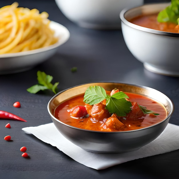 Un bol de nourriture avec une sauce rouge et un bol de boulettes de viande.