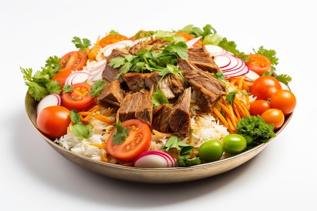 Un bol de nourriture avec un tas de légumes et une salade de boeuf.