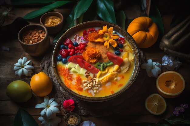 Un bol de nourriture avec une variété de fruits et de noix dessus.