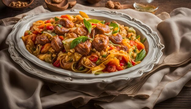 un bol de nourriture avec de la viande et des légumes sur une table