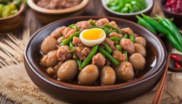 un bol de nourriture avec de la viande et des légumes