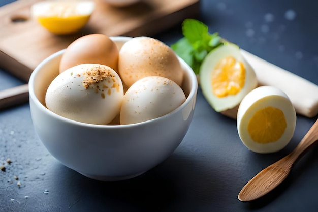 un bol d'oeufs avec une cuillère et une cuillère sur la table.