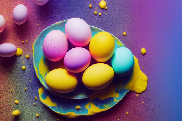 Un bol d'oeufs de pâques coloré avec de la peinture jaune dessus