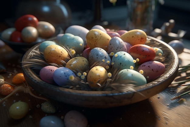 Un bol d'œufs de Pâques est posé sur une table.