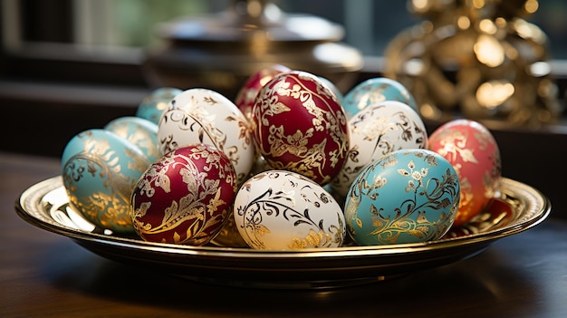 un bol d'œufs de Pâques avec un motif doré et rouge