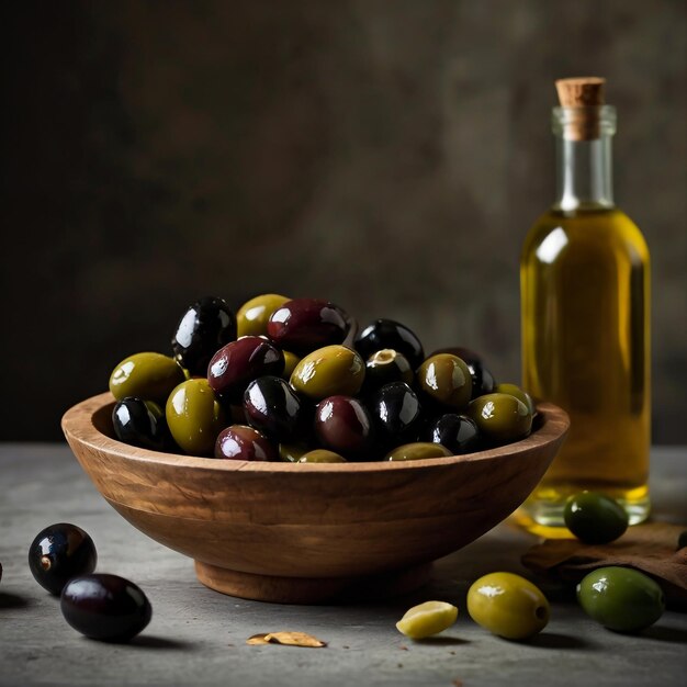 un bol d'olives avec une bouteille d'huile d'olive