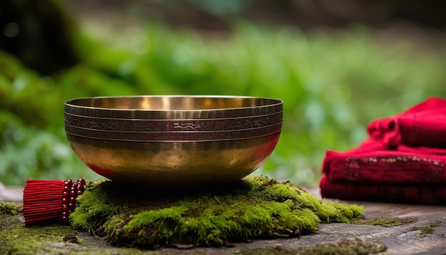 Un bol d'or avec un tissu rouge sur une table