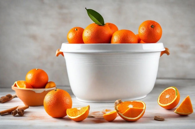 Photo un bol d'oranges avec une feuille sur le côté et une feuille verte sur le côté