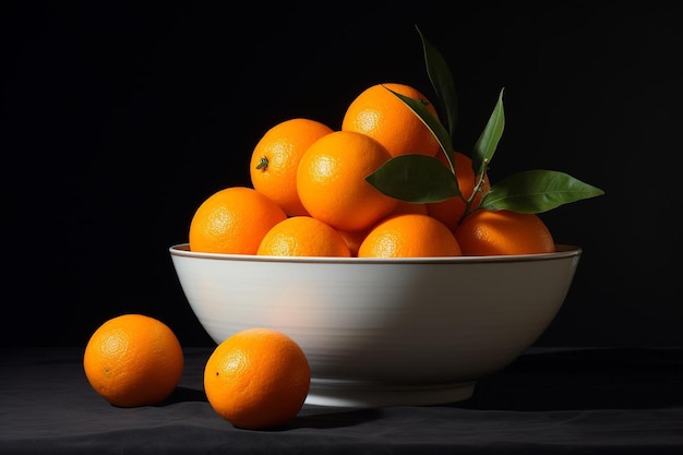 Un bol d'oranges avec une feuille verte sur le dessus.