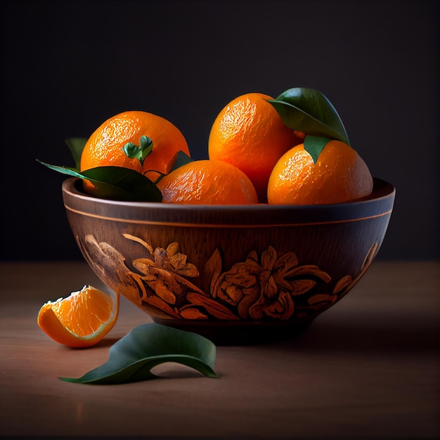 Un bol d'oranges avec des feuilles dessus et une feuille sur la table.