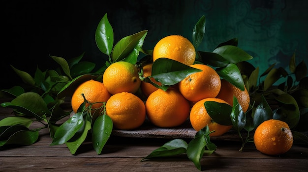 Un bol d'oranges avec des feuilles vertes sur fond sombre