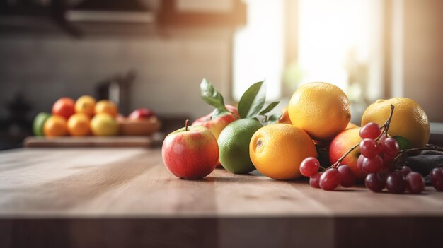 Bol en osier avec pommes sur table dans une cuisine moderne