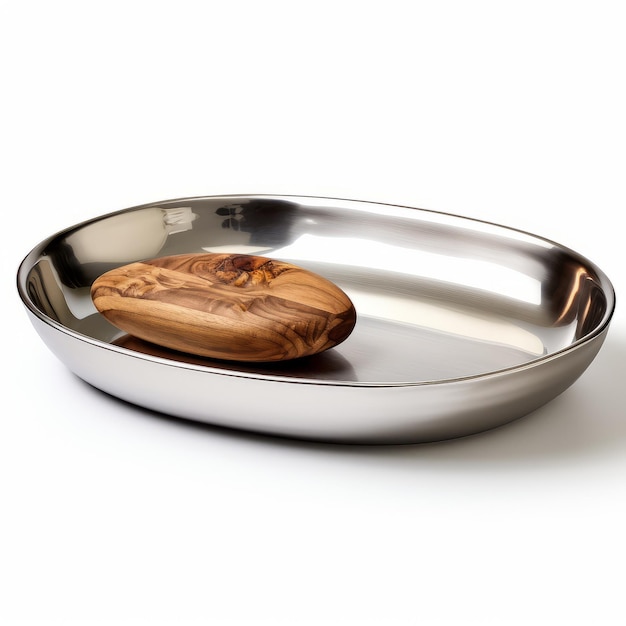 Un bol ovale en acier inoxydable avec une plaque de savon en bois d'olive