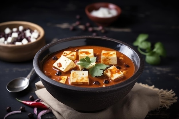 Un bol de paneer butter masala servi dans un bol noir