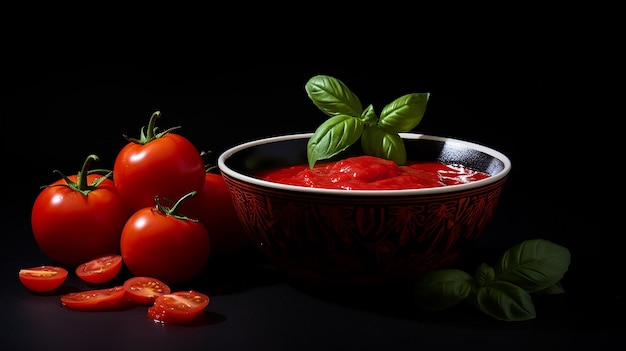 Un bol de pâte de tomate sur fond noir