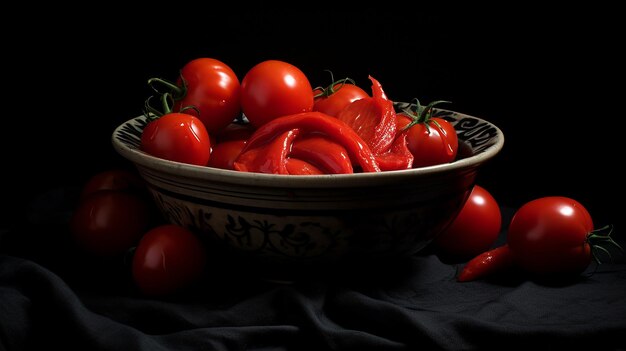 Un bol de pâte de tomate sur fond noir