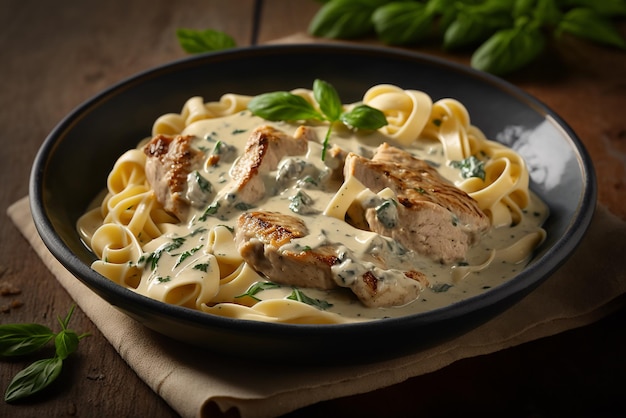 Un bol de pâtes au poulet et sauce aux épinards