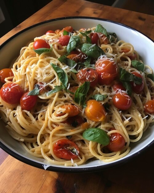 Un bol de pâtes aux tomates cerises et basilic