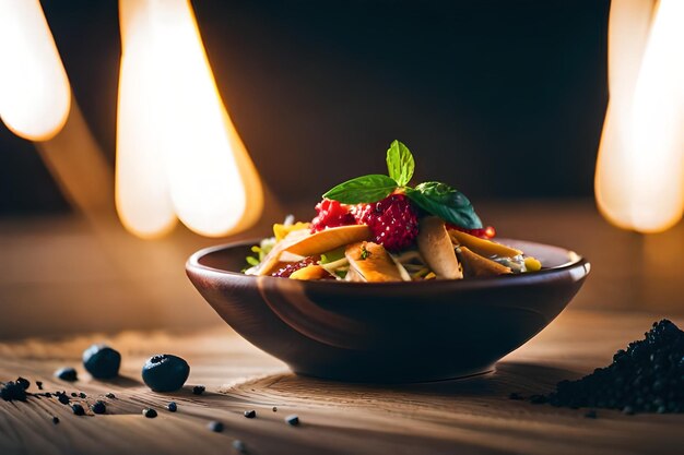 un bol de pâtes avec des baies et des bleuets sur une table