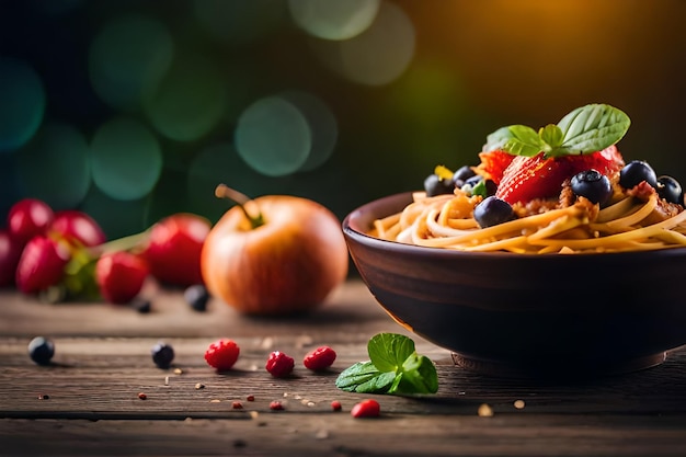 un bol de pâtes avec des baies et une pomme sur la table