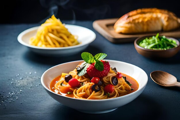 un bol de pâtes avec un bol de pâtes et un bol de pasta