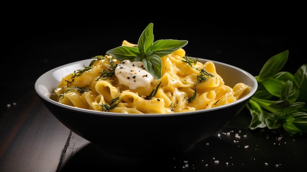 Un bol de pâtes avec du fromage et de la sauge sur une table noire