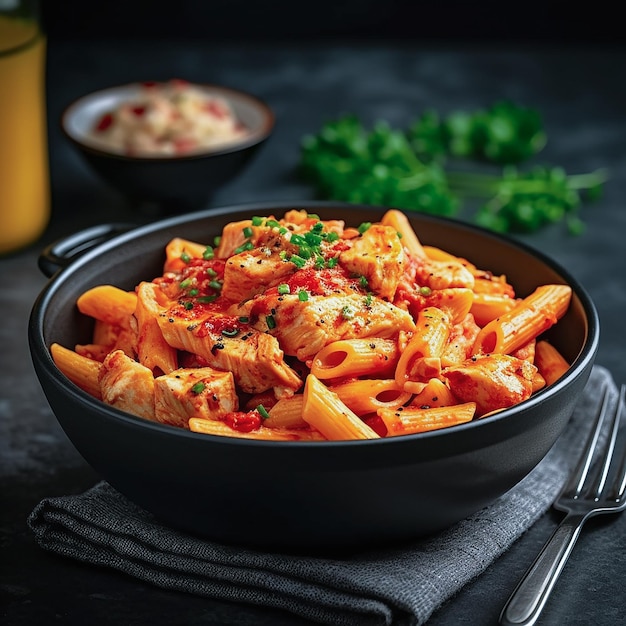 Un bol de pâtes penne avec du poulet et du persil sur le dessus