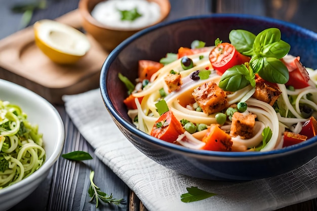 Un bol de pâtes avec une sauce à côté