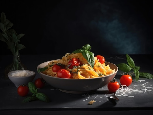 Un bol de pâtes à la sauce tomate et feuilles de basilic sur fond noir