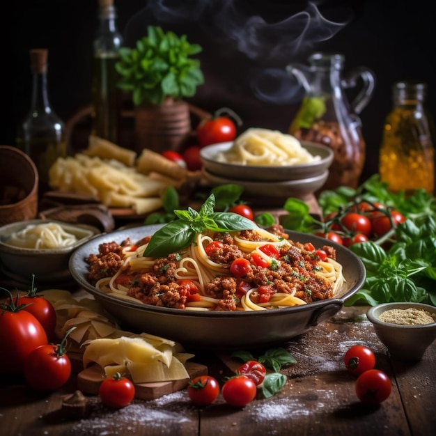 Un bol de pâtes avec une sauce tomate et des feuilles de basilic sur une table en bois.