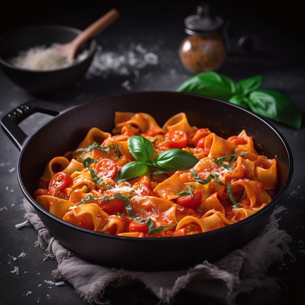 Un bol de pâtes à la sauce tomate et feuilles de basilic sur une table.