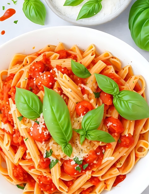 Un bol de pâtes à la sauce tomate et feuilles de basilic