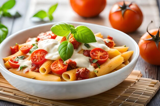 un bol de pâtes avec des tomates et du basilic.