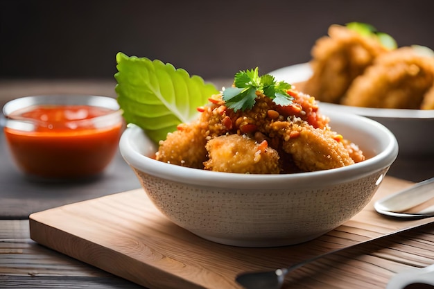 Un bol de pépites de poulet avec une sauce rouge sur le côté.