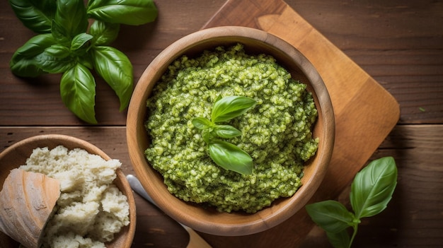 Un bol de pesto au basilic sur une table en bois