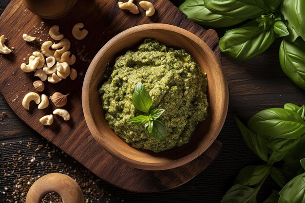 Un bol de pesto avec des noix de cajou sur le côté