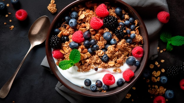 Bol de petit-déjeuner sain au-dessus rempli de yaourt grec, de baies fraîches et de granola croquant AI générative