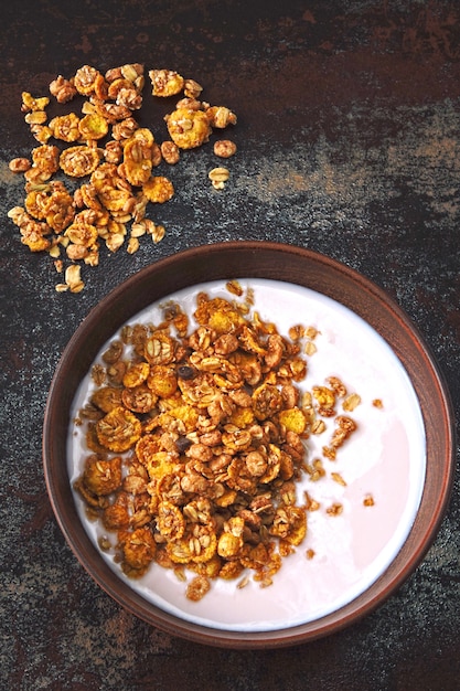 Bol de petit-déjeuner sain avec du yaourt frais et du granola. Probiotiques et produits laitiers fermentés. Petit déjeuner avec probiotiques.