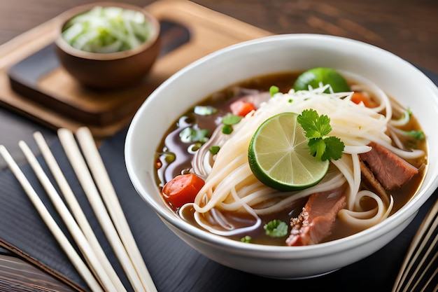 Un bol de pho avec des baguettes sur une table en bois.