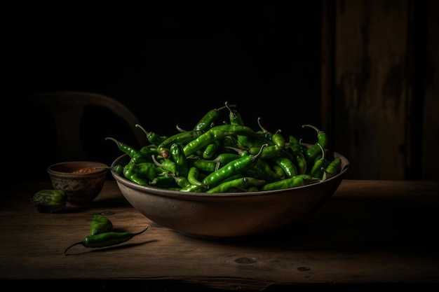 Un bol de piments verts est posé sur une table en bois.