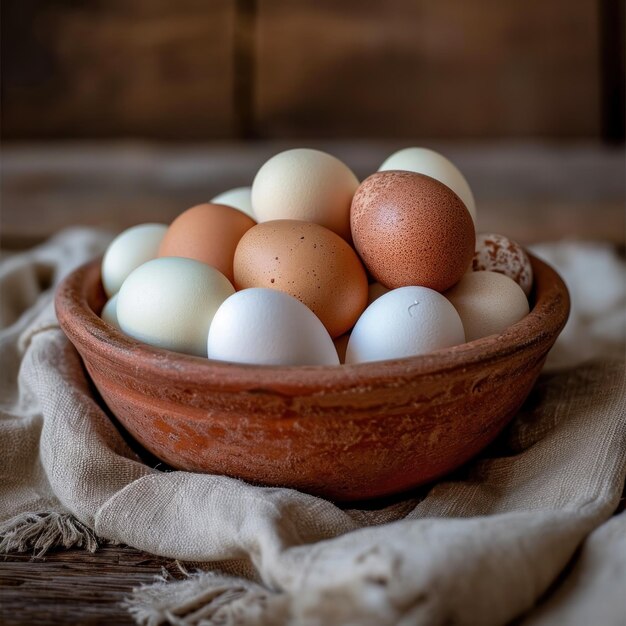 un bol plein d'oeufs avec des oeufs blancs et bruns dedans