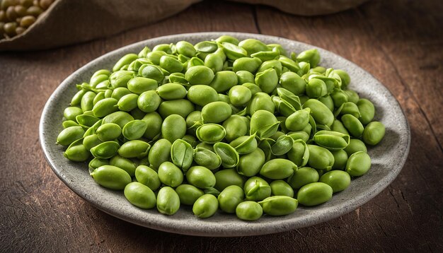 un bol de pois verts sur une table en bois