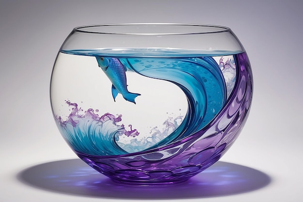 Un bol à poisson avec un dessin violet et bleu et une vague violette à l'intérieur